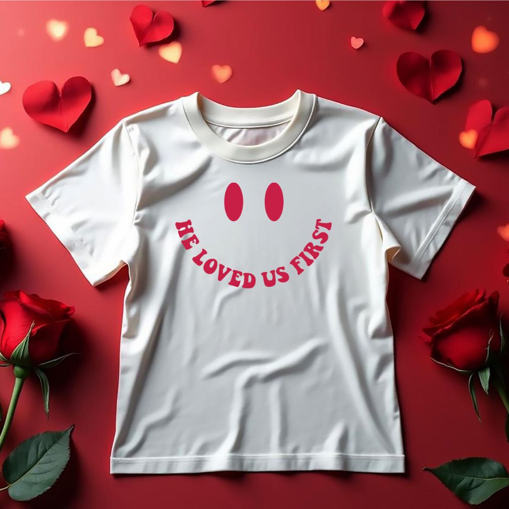 He Love Us First Valentine Vector