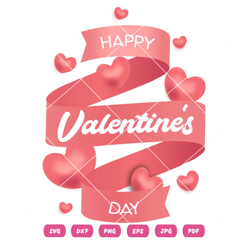 Happy Valentines Day Text With Ribbon And Heart Balloons SVG Valentines Day Vector