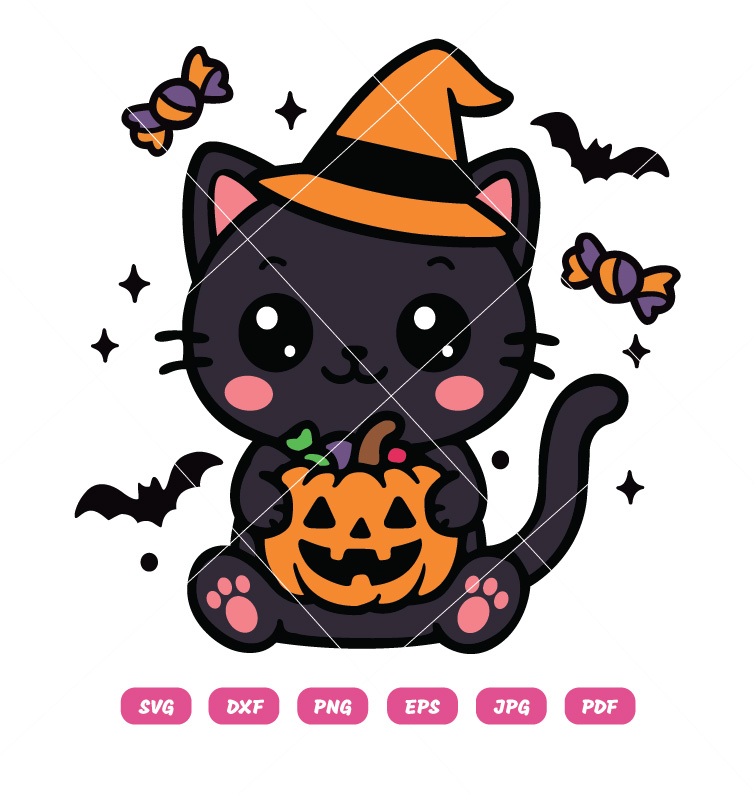 Cute Halloween Black Cat SVG PNG with Witch Hat and Pumpkin