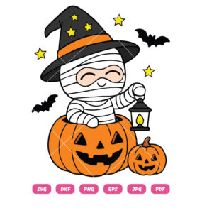 Cute Halloween Mummy with Pumpkin and Witch Hat Vector