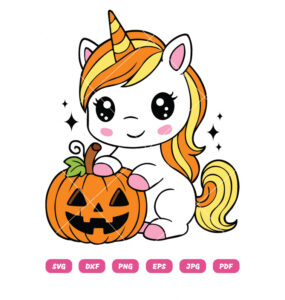 Cute Halloween Unicorn SVG with Pumpkin Vector