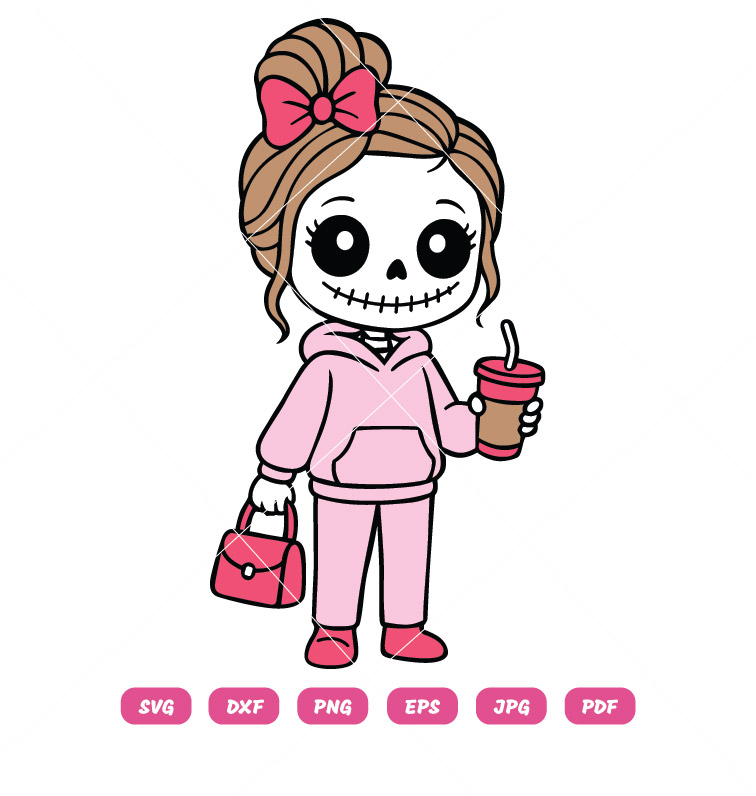 Cute Skeleton Girl with Coffee SVG