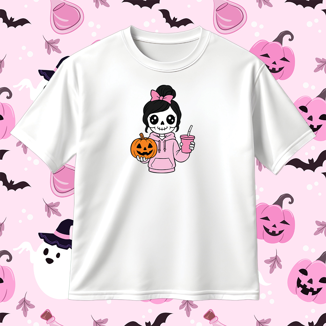 Cute Skeleton Girl with Pumpkin and Drink SVG