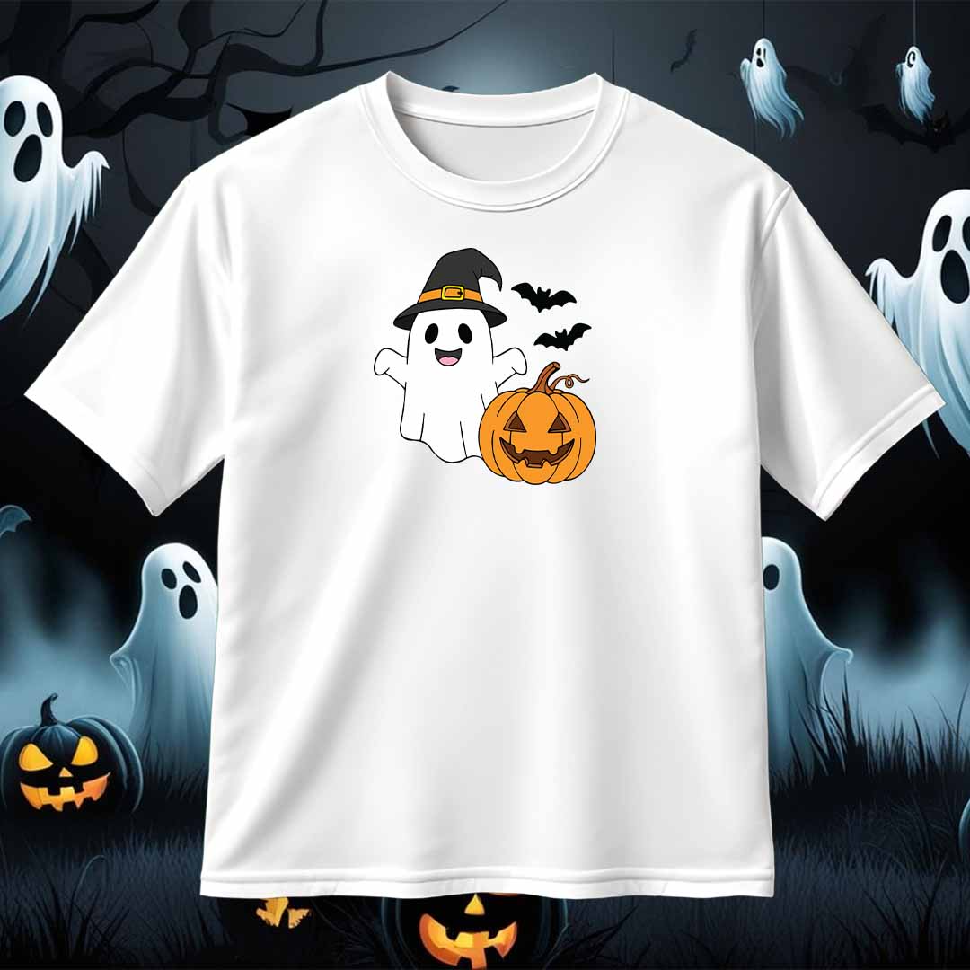 Halloween Ghost SVG with Pumpkin and Witch Hat