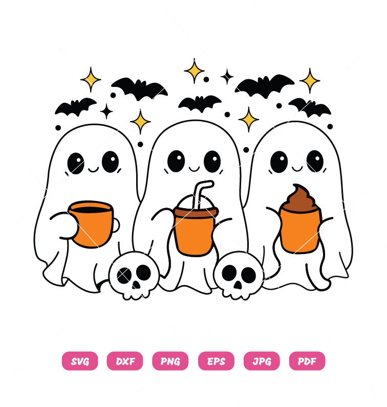 Halloween Ghost Trio with Coffee and Skulls SVG