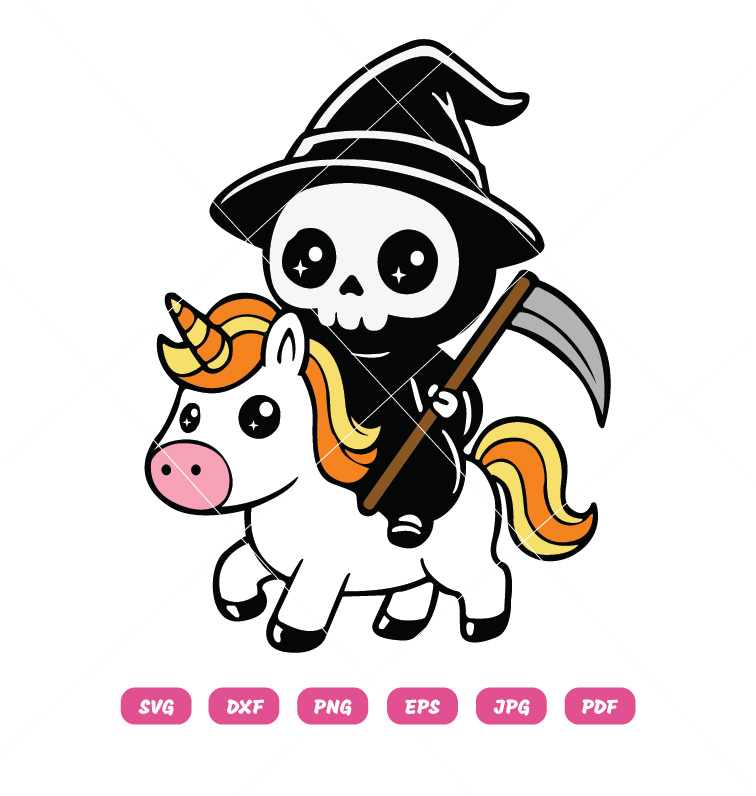 Halloween Grim Reaper Unicorn with Witch Hat SVG