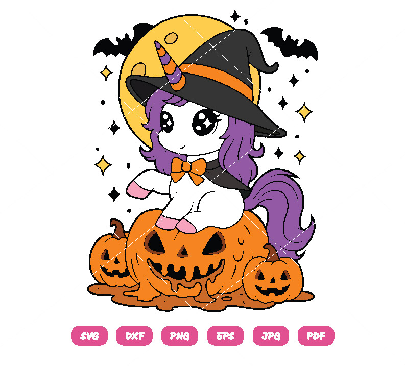 Halloween Unicorn SVG with Witch Hat on Melting Pumpkin SVG Halloween Unicorn