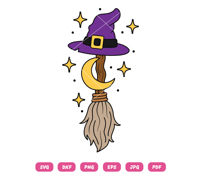 Halloween Witch Broom SVG with Hat and Crescent Moon SVG Halloween Witch Broom