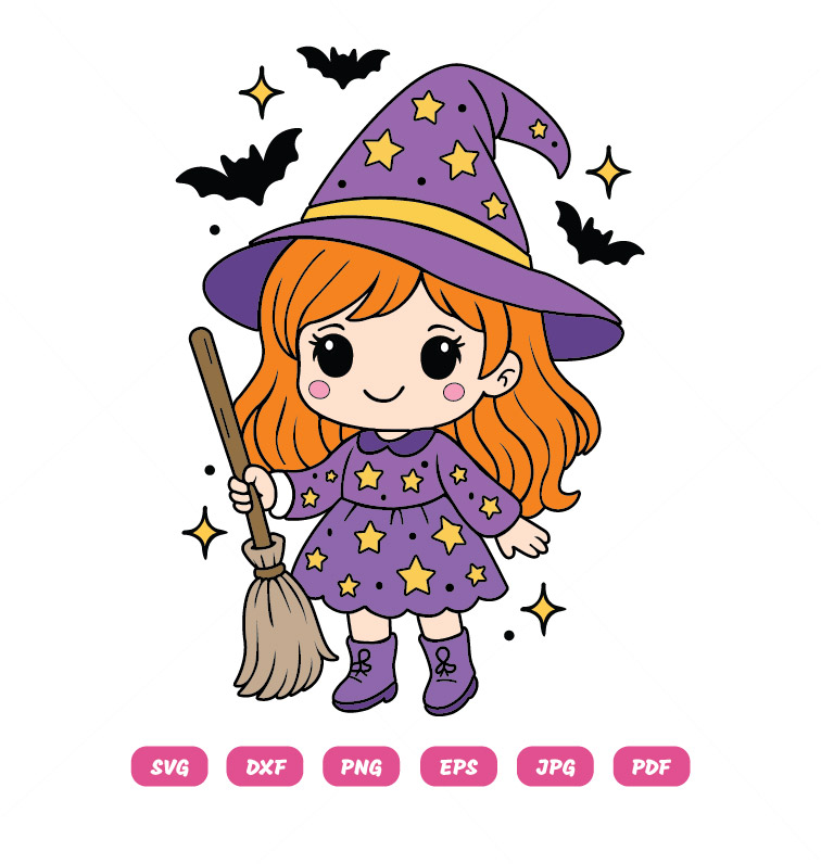 SVG Halloween Witch Girl with Broomstick Vector