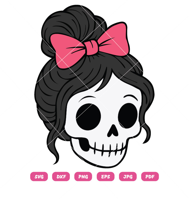 Skeleton Girl Pink Bow and Messy Bun SVG