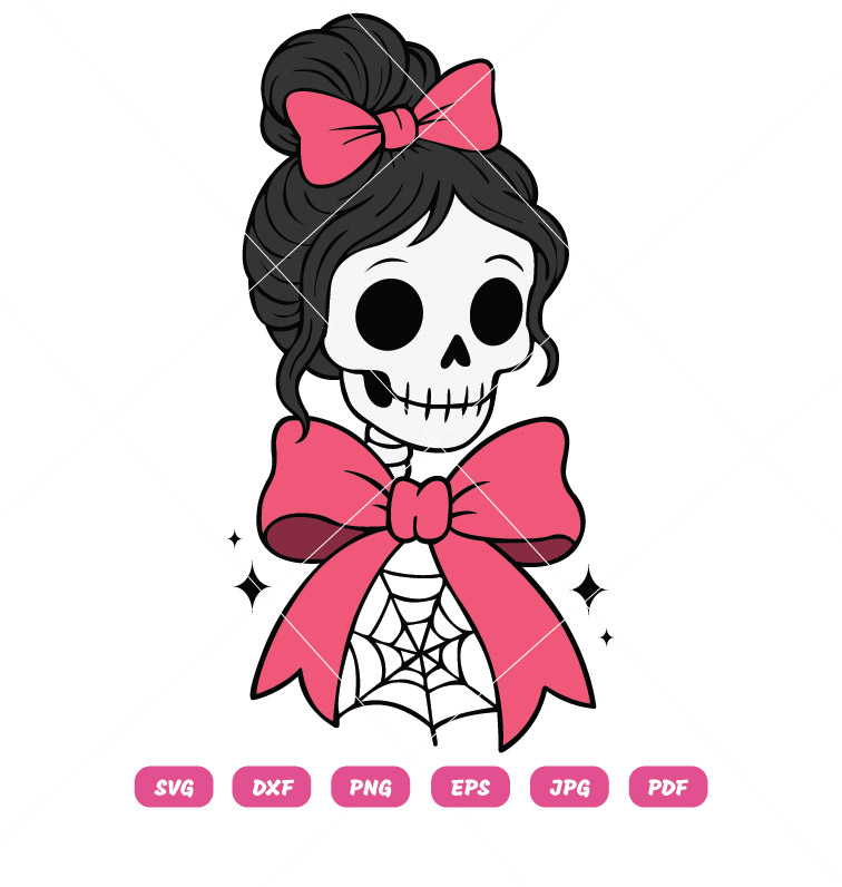 Skeleton Girl Pink Bows and Messy Bun Vector