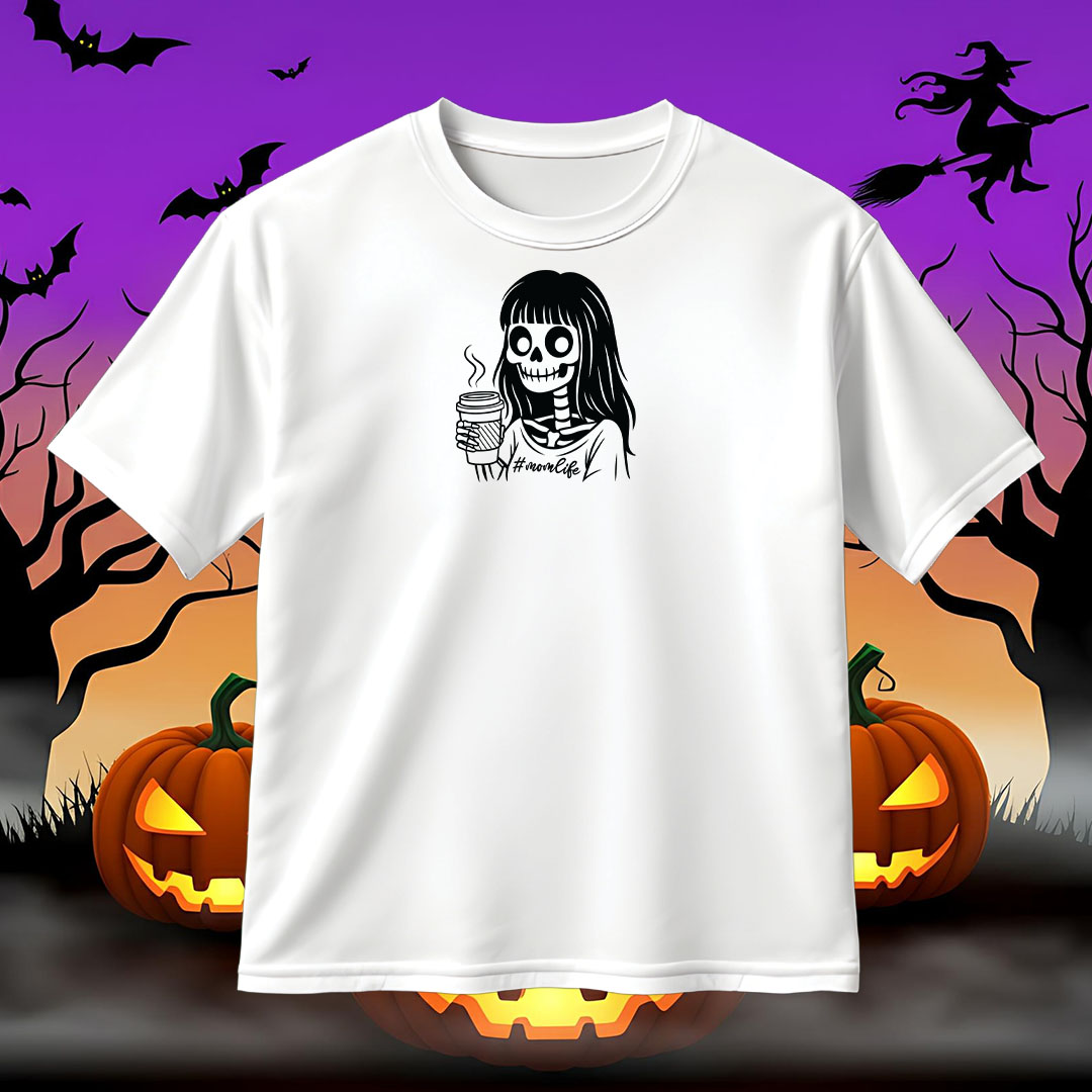 Halloween Mom Life SVG PNG Skeleton Drinking Coffee T-Shirt Design