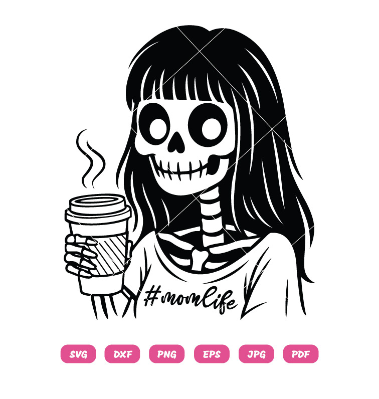 Halloween Mom Life SVG PNG Skeleton Drinking Coffee T-Shirt Design
